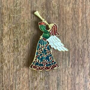Signed TC‎ GoldToned Enameled Christmas Angel Brooch Pin Trumpet Holidays